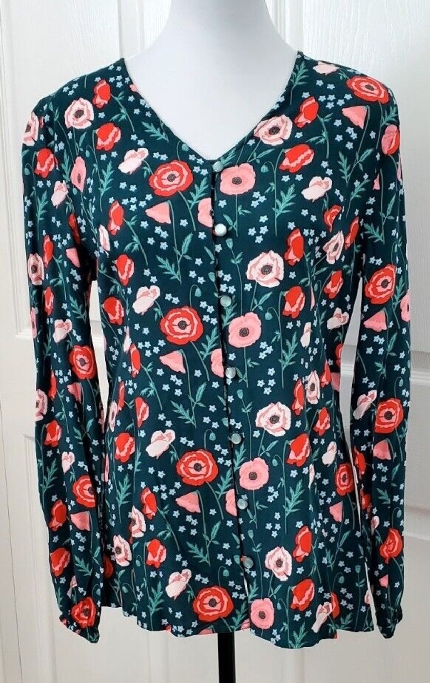 Matilda Jane Women Green Pink Floral Button Front Long Sleeve Peasant  Top M EUC